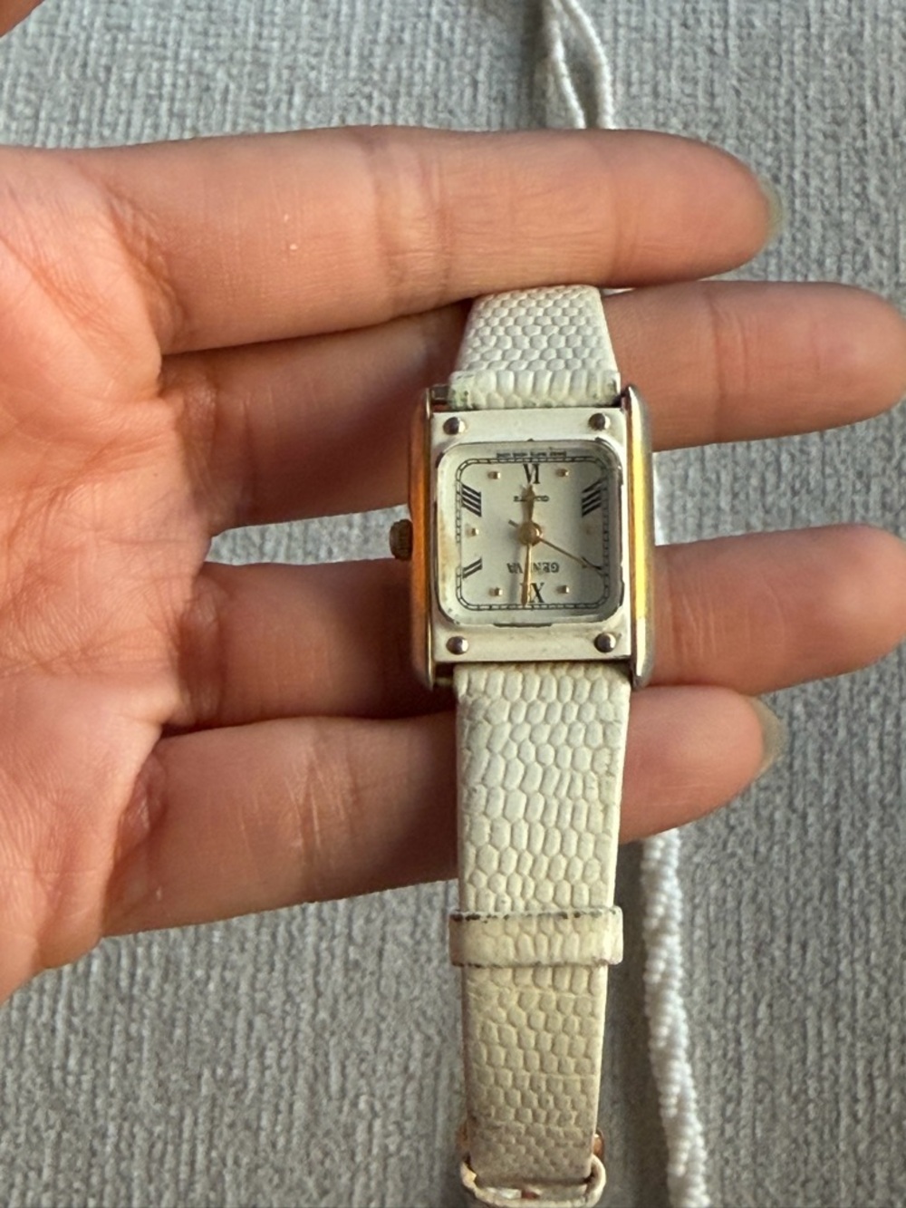 Geneva Gold-Tone Square Watch with Ivory Leather Strap